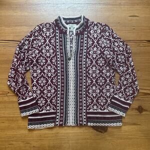 Appleseeds red white winter snowflake pattern full zip womens sweater SIZE MP